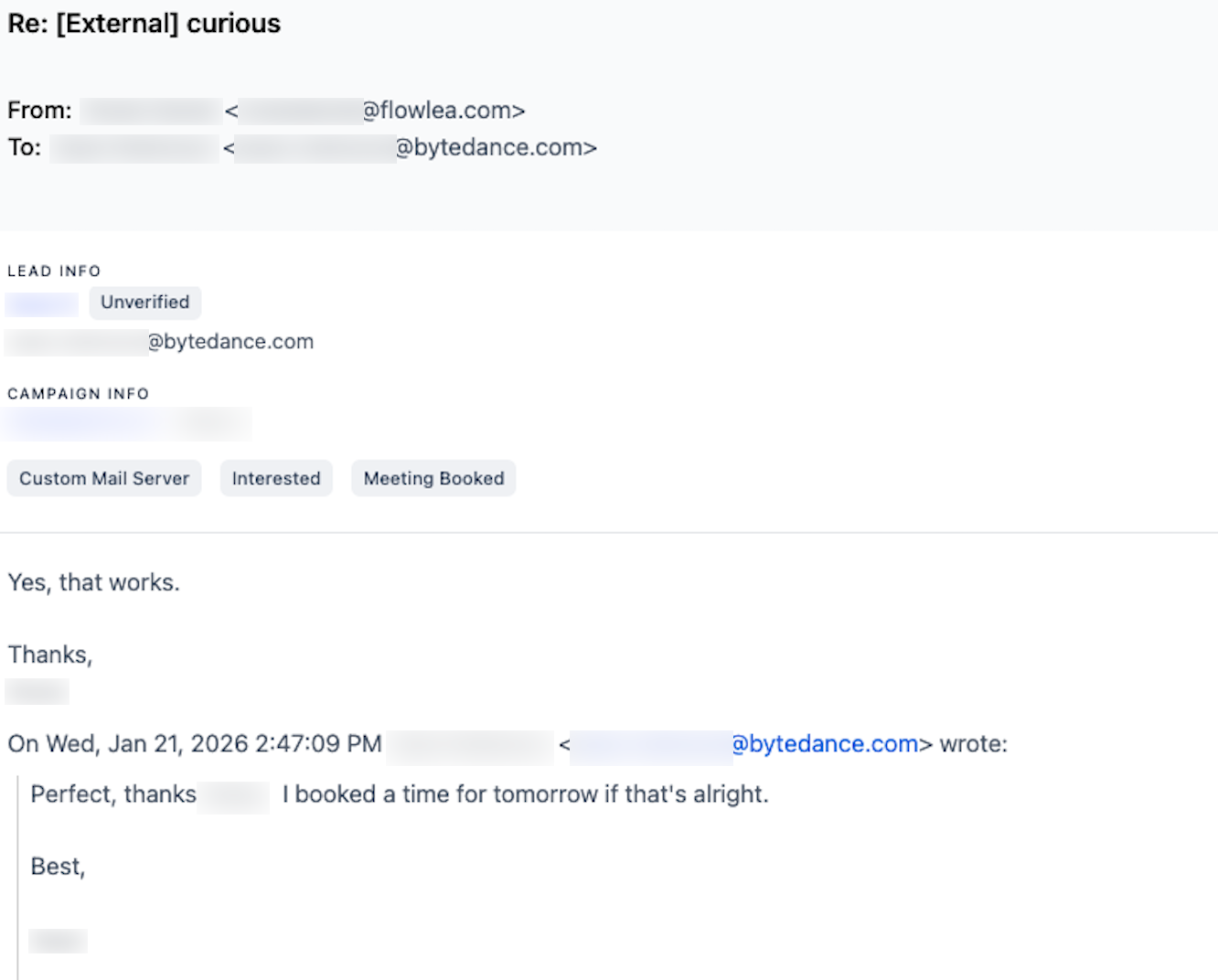 ByteDance email reply, with personal details redacted