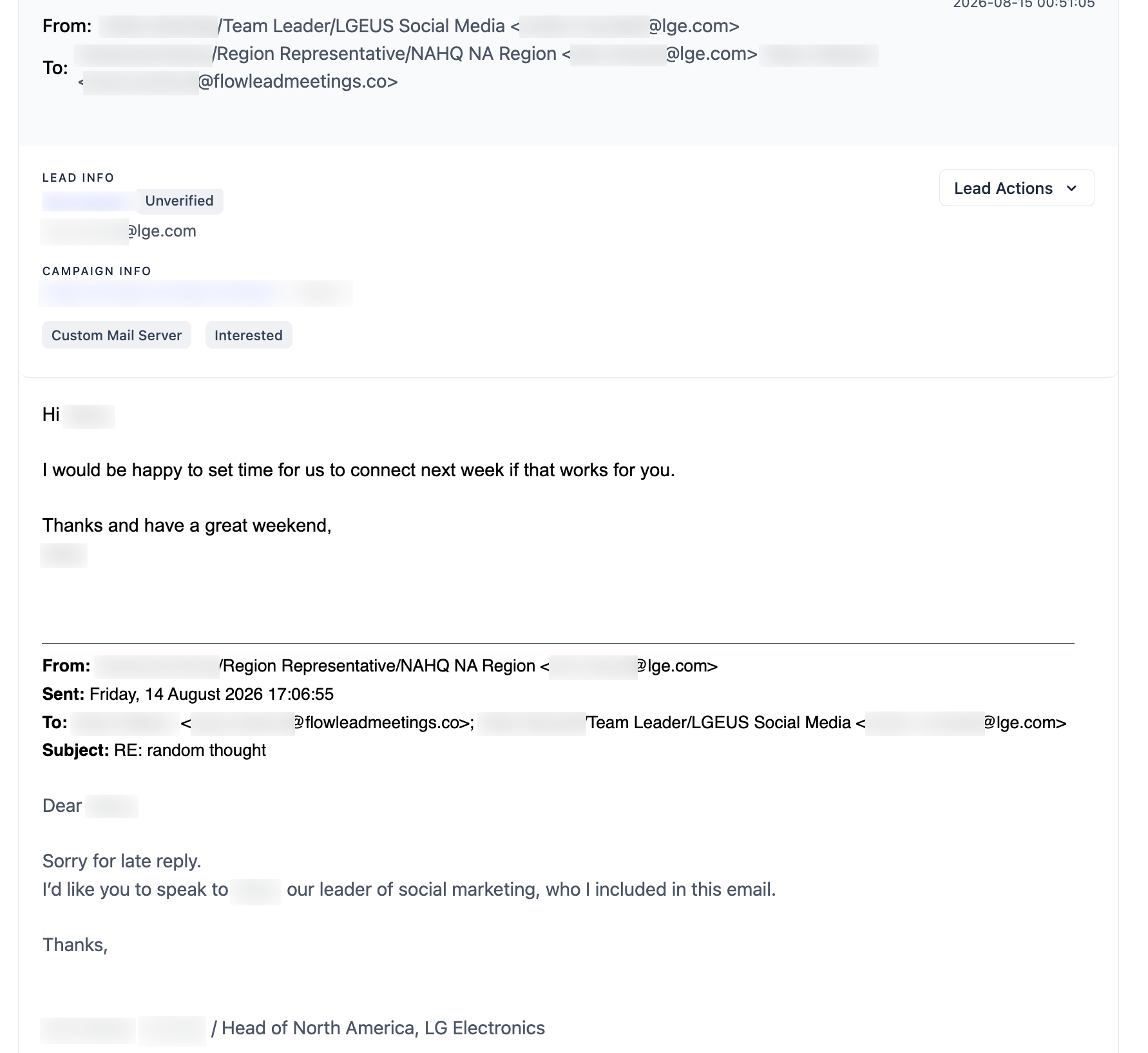 LG Electronics email reply, with personal details redacted