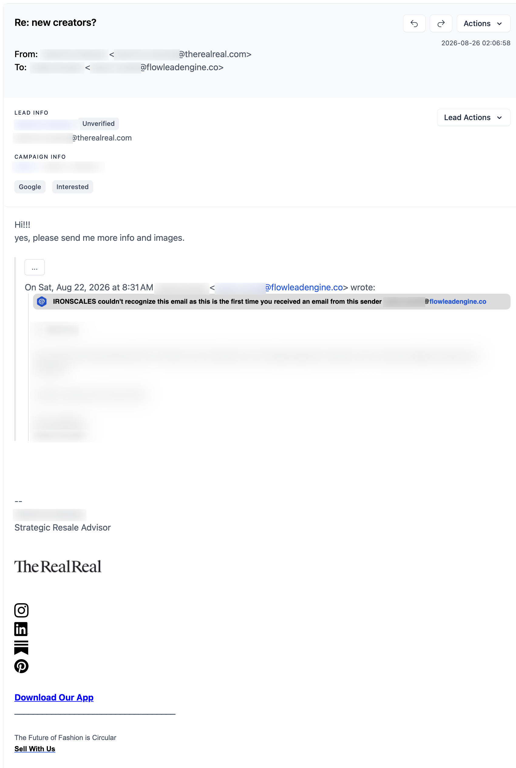 The RealReal email reply, with personal details redacted